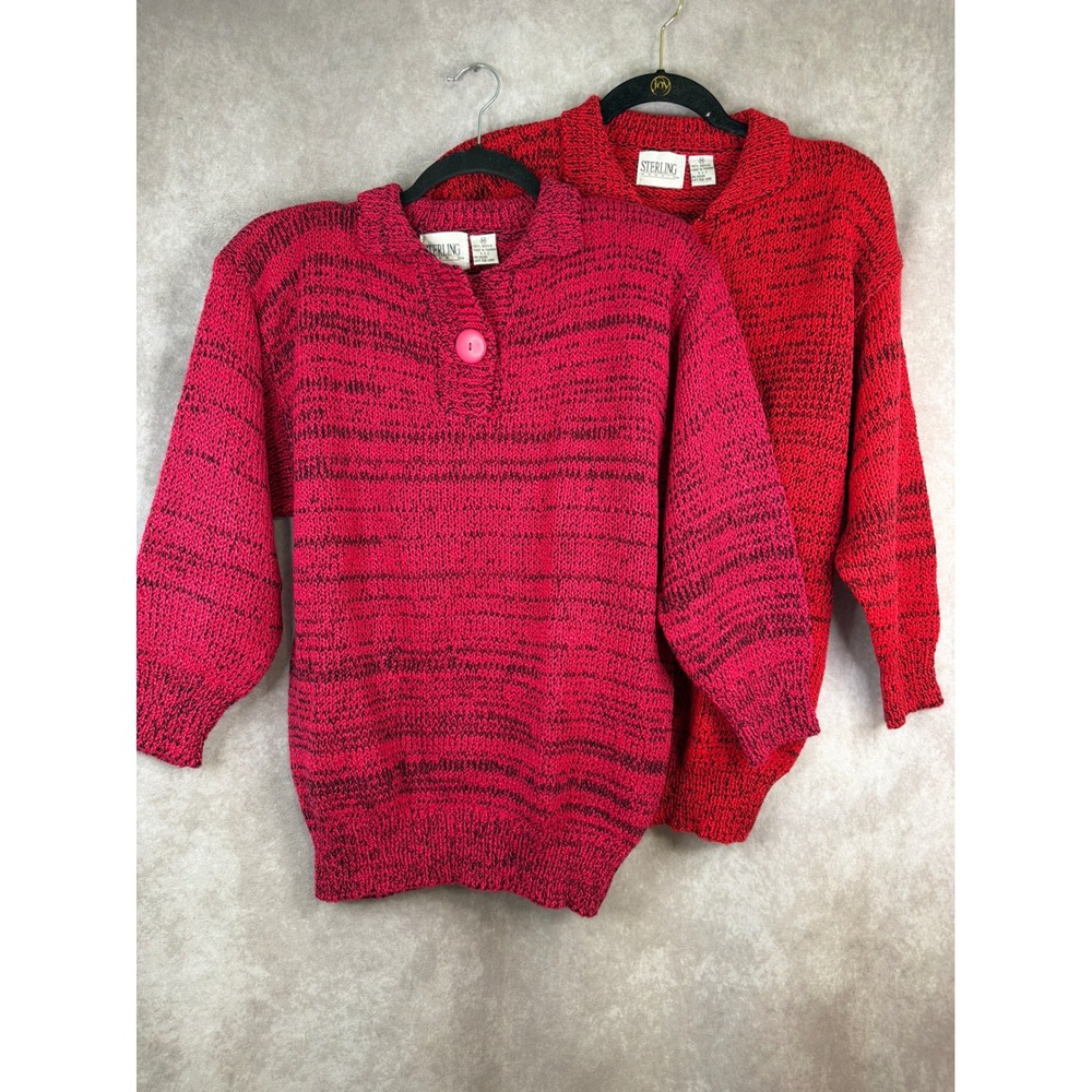 VTG 90s Sterling Harris Sweater Set of 2 Women Medium Red Pink Collared Pullover
